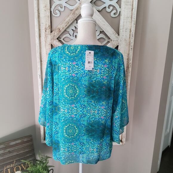 NY Collection Women's Flare Bell Sleeve Embellished Blouse Top in Floral Scroll - Picture 5 of 10